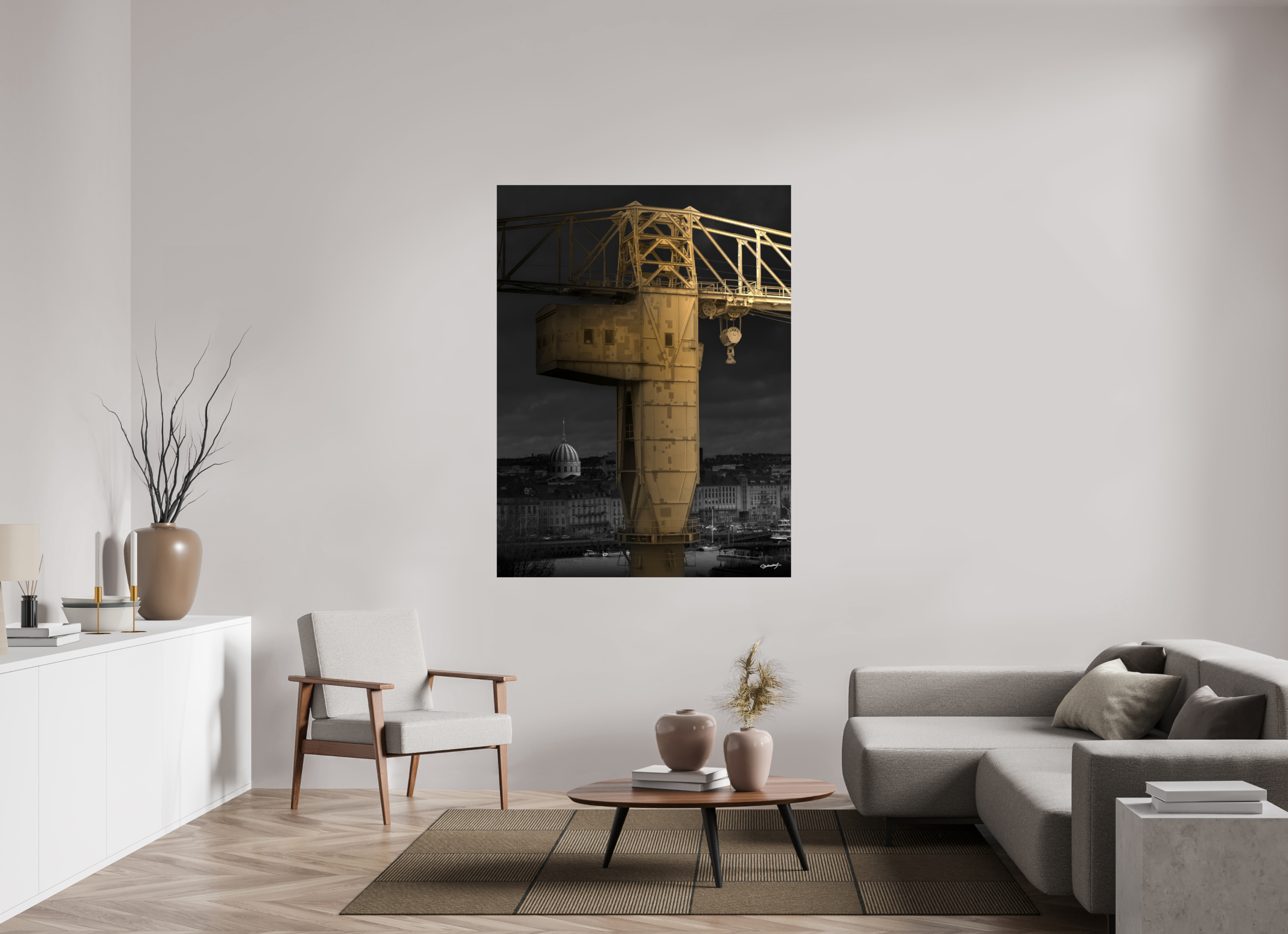 120 x 160 cm, TIRAGE PHOTO CONTRECOLLÉ SUR SUPPORT ALUMINIUM LA GRUE JAUNE - Nantes