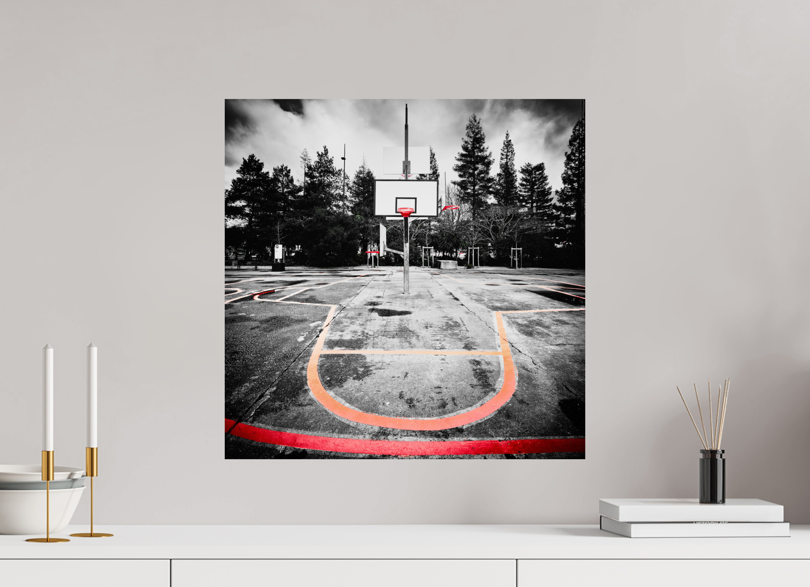 50 x 50 cm, TIRAGE PHOTO CONTRECOLLÉ SUR SUPPORT ALUMINIUM Arbre à basket II