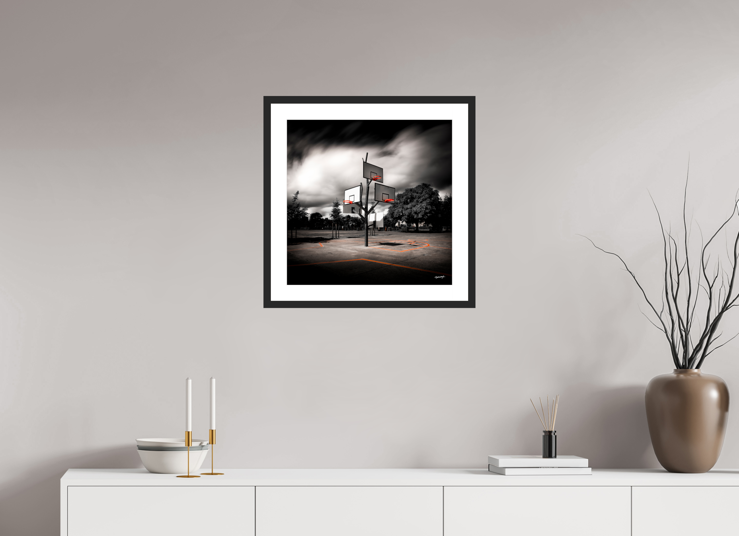 50 x 50 cm, CADRE GALERIE AVEC PASSE-PARTOUT ARBRE À BASKET