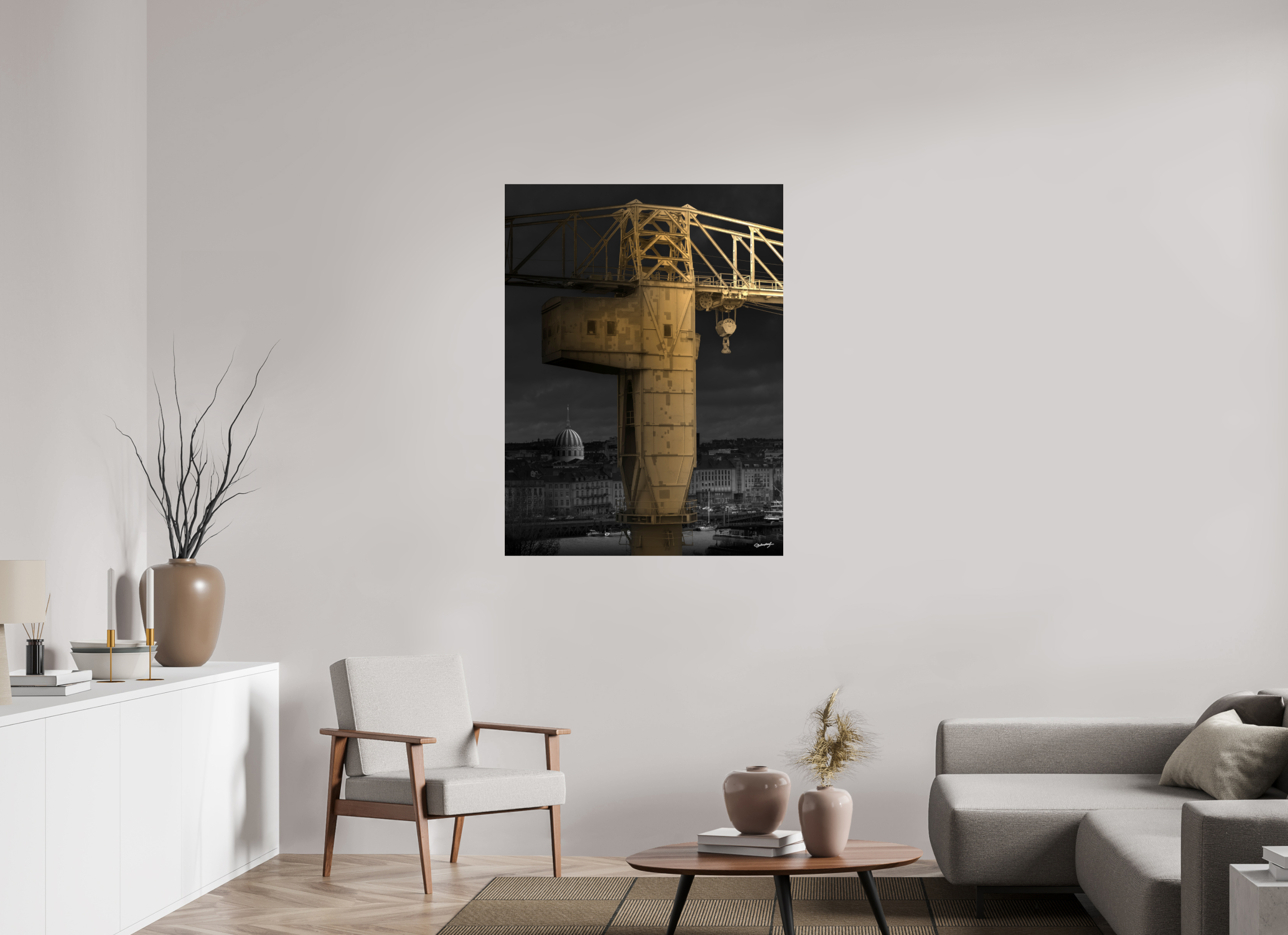 90 x 120 cm, TIRAGE PHOTO CONTRECOLLÉ SUR SUPPORT ALUMINIUM LA GRUE JAUNE - Nantes