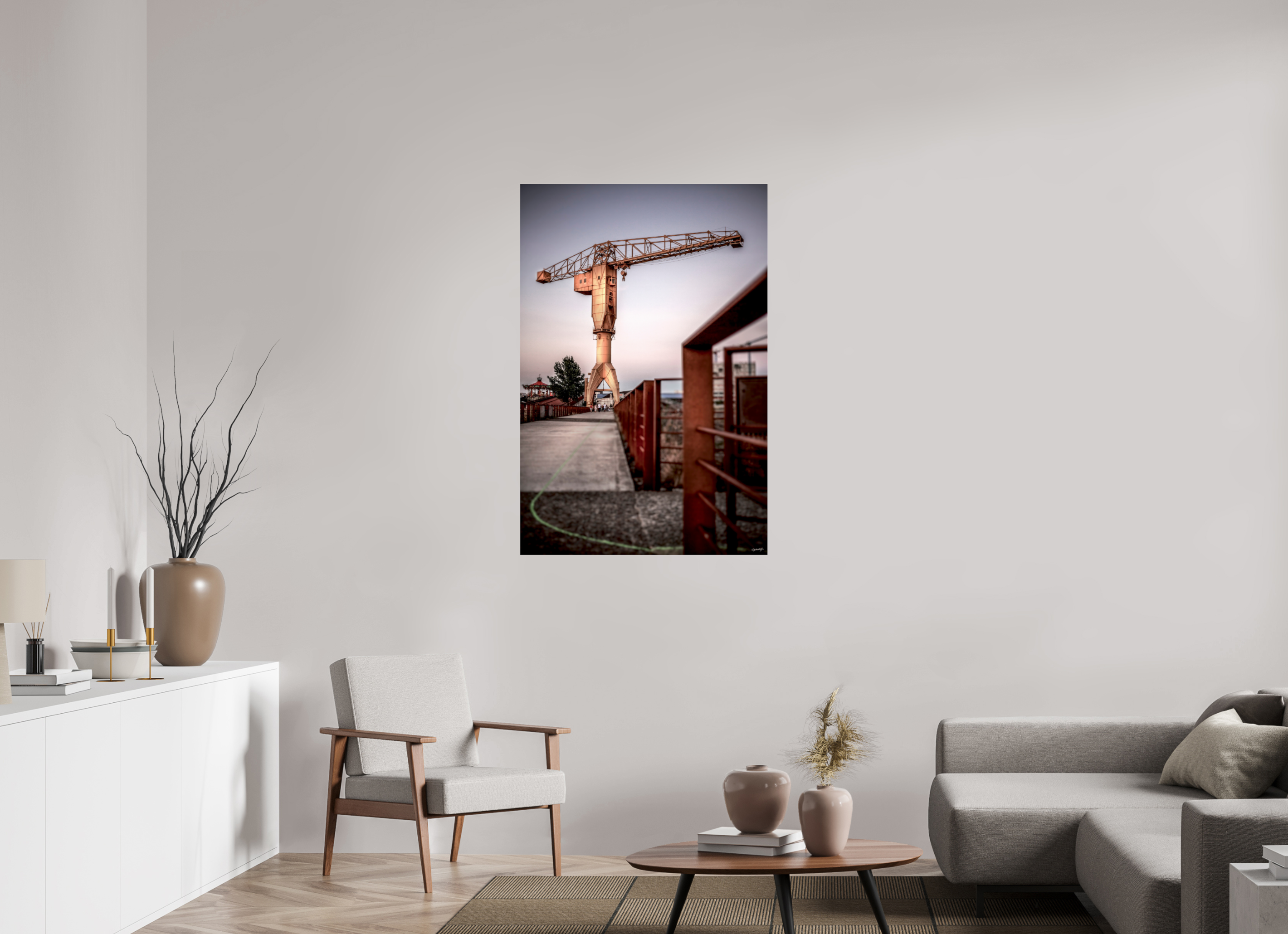 80 x 120 cm, TIRAGE PHOTO SOUS PLEXI BRILLANT LA LIGNE VERTE ET LA GRUE JAUNE