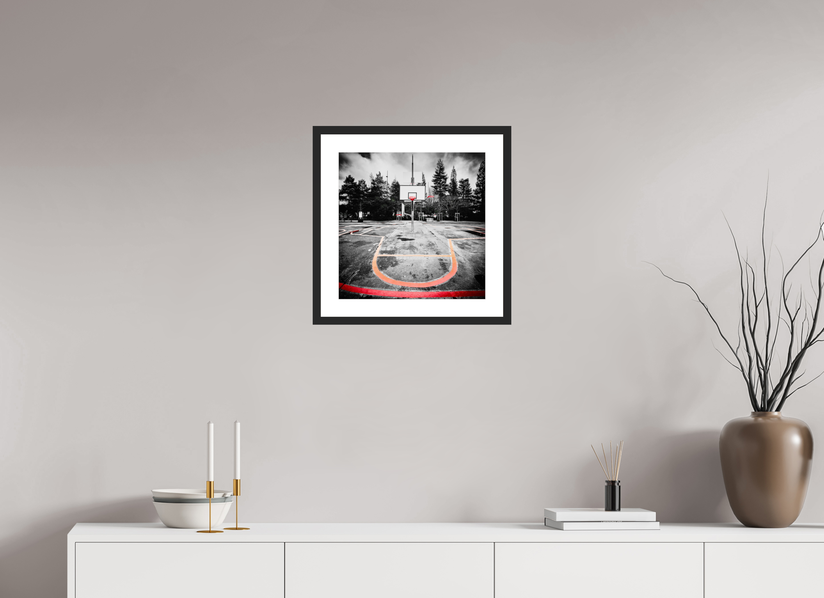 40 x 40 cm, CADRE GALERIE AVEC PASSE-PARTOUT Arbre à basket II