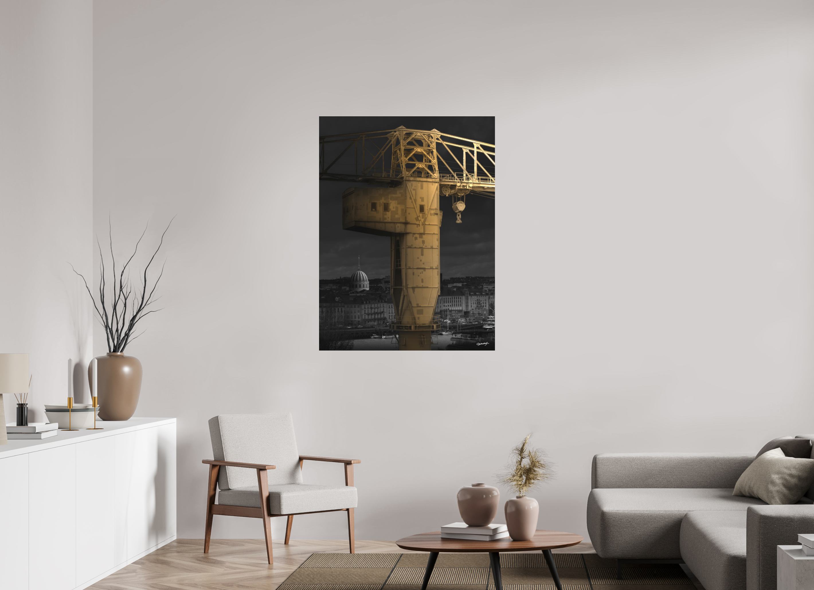 90 x 120 cm, TIRAGE PHOTO SOUS PLEXI MAT LA GRUE JAUNE - Nantes