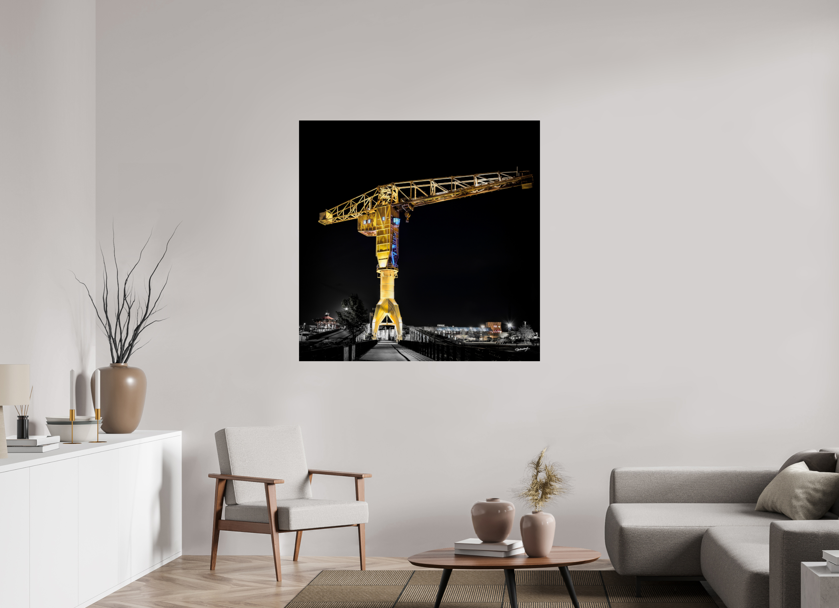120 x 120 cm, TIRAGE PHOTO SUR FUJI CRYSTAL DP II LA GRUE JAUNE DE NUIT - Nantes