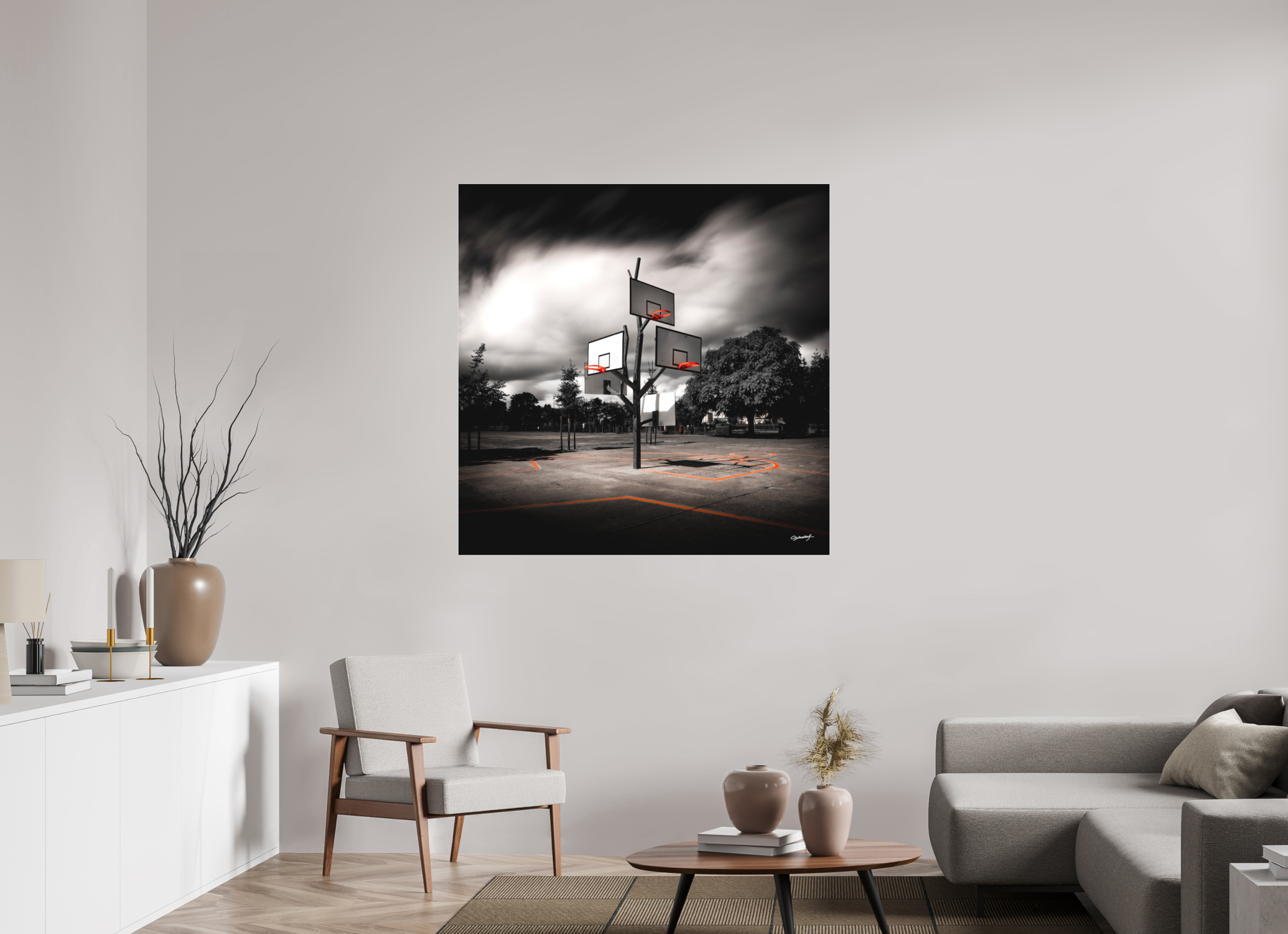 120 x 120 cm, TIRAGE PHOTO SOUS PLEXI MAT ARBRE À BASKET