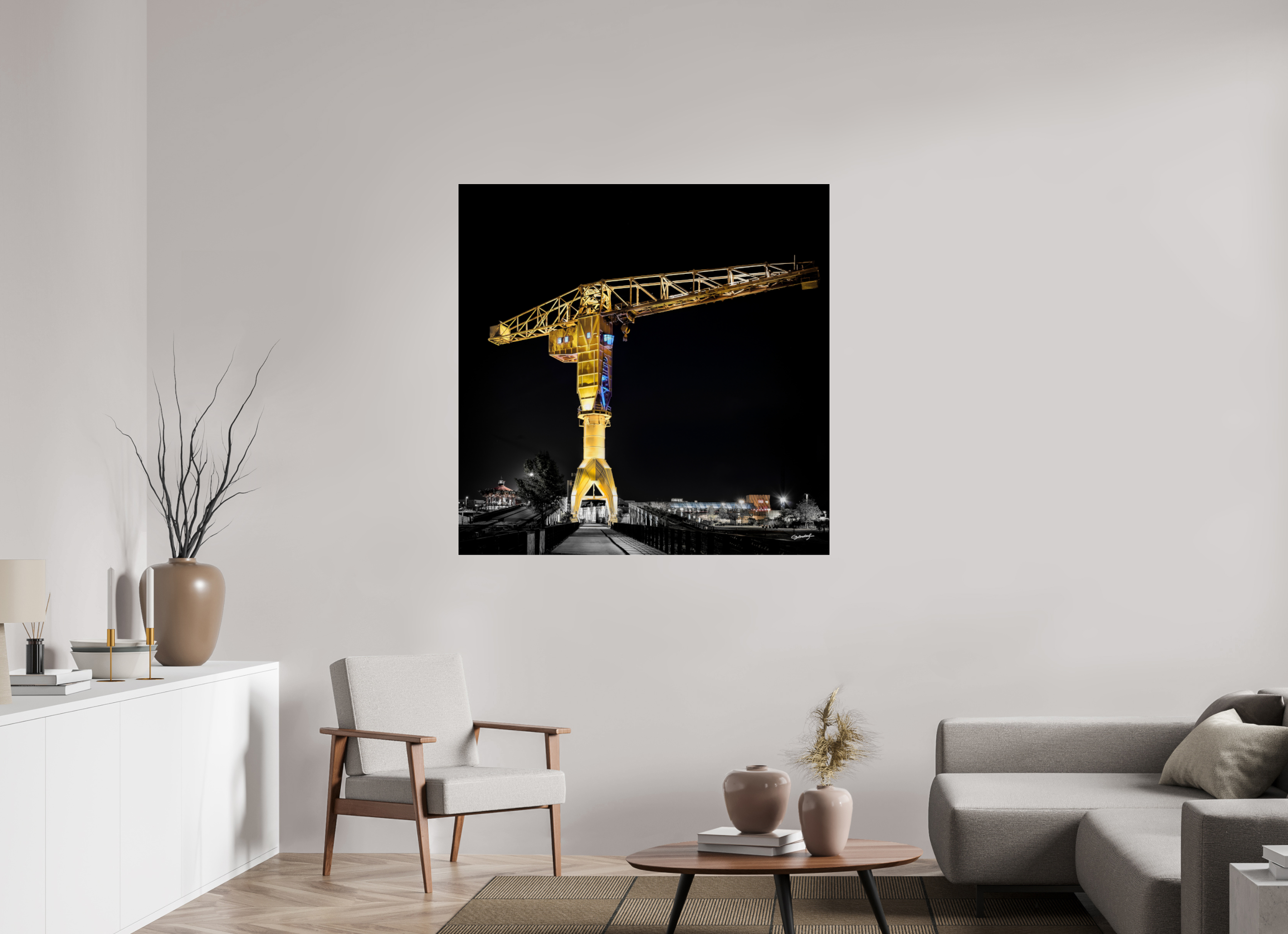 120 x 120 cm, TIRAGE PHOTO SOUS PLEXI BRILLANT LA GRUE JAUNE DE NUIT - Nantes