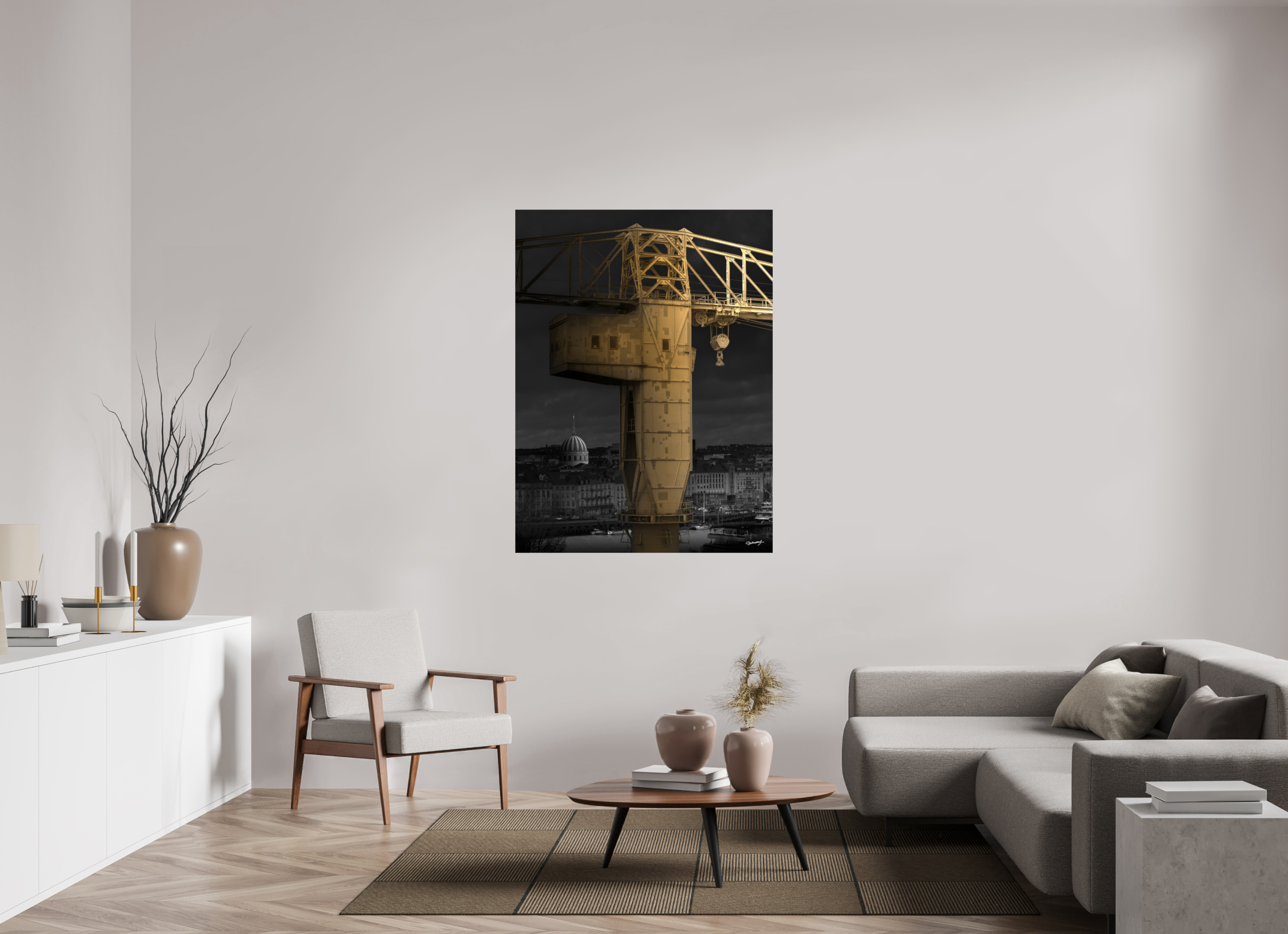 105 x 140 cm, TIRAGE PHOTO CONTRECOLLÉ SUR SUPPORT ALUMINIUM LA GRUE JAUNE - Nantes