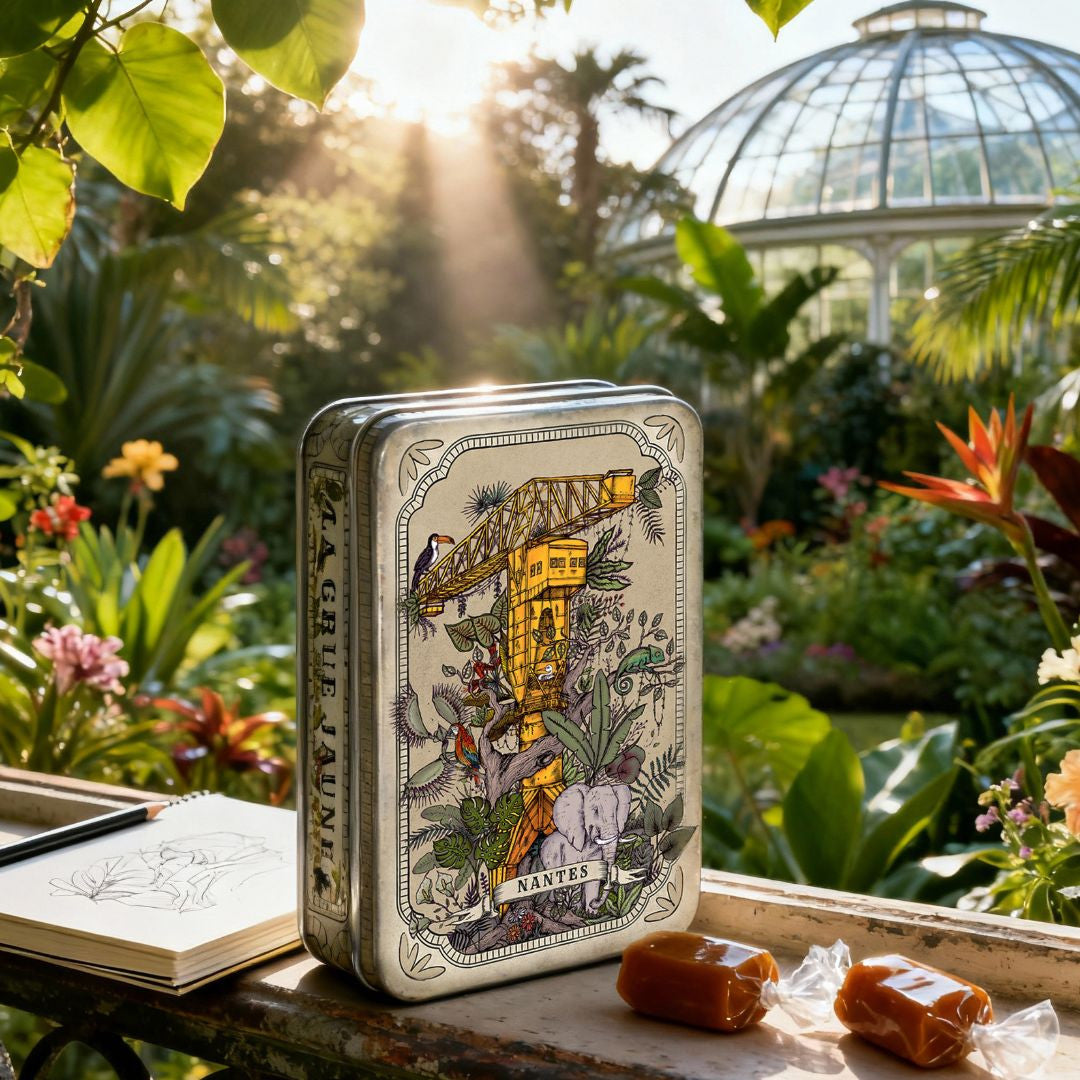 Boite pastille Grue Titan Jaune Geoffrey Berniolle caramel au beurre salé et à la fleur de sel de Guérande55g