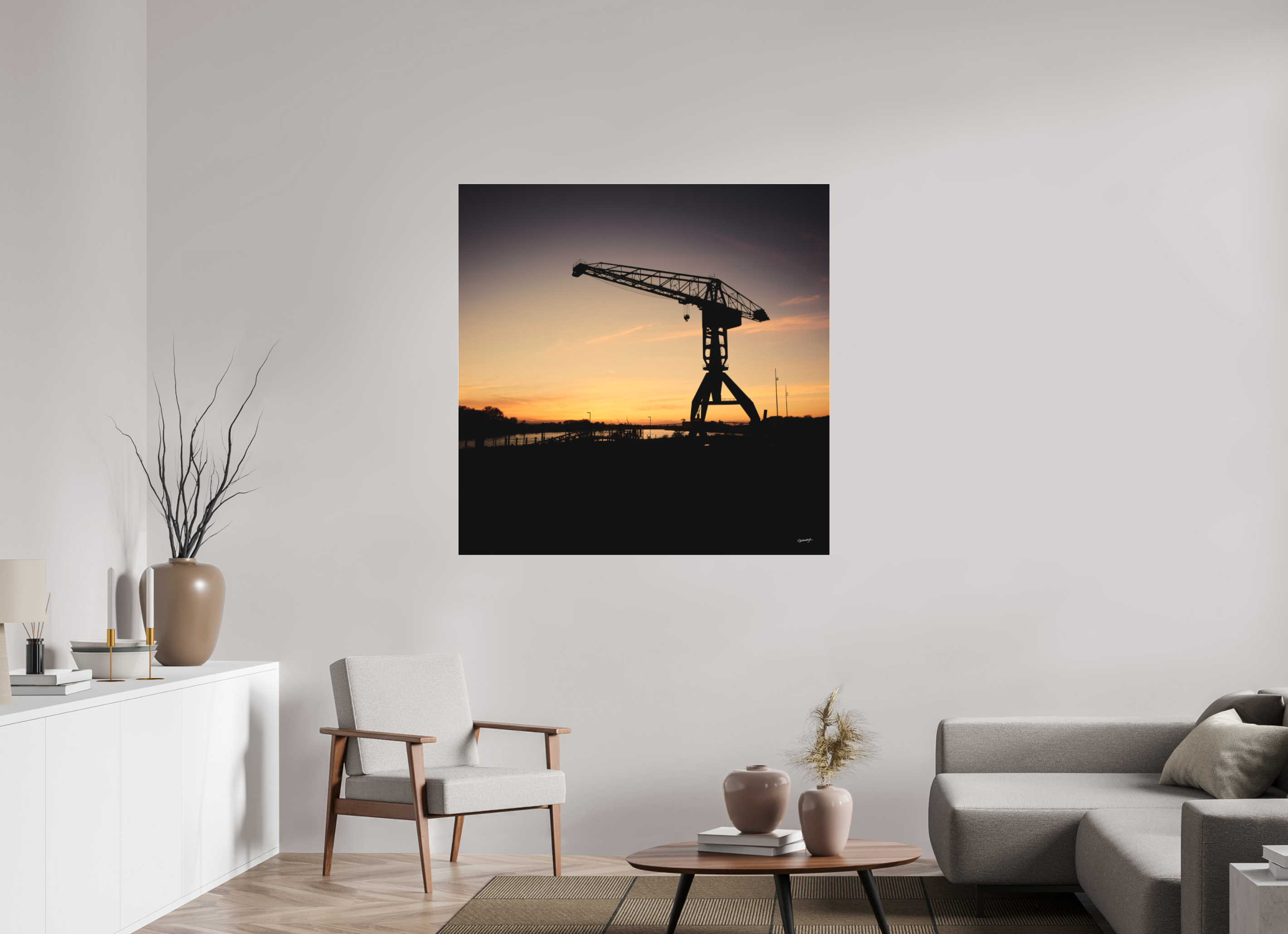 120 x 120 cm, TIRAGE PHOTO SOUS PLEXI MAT Coucher de grue