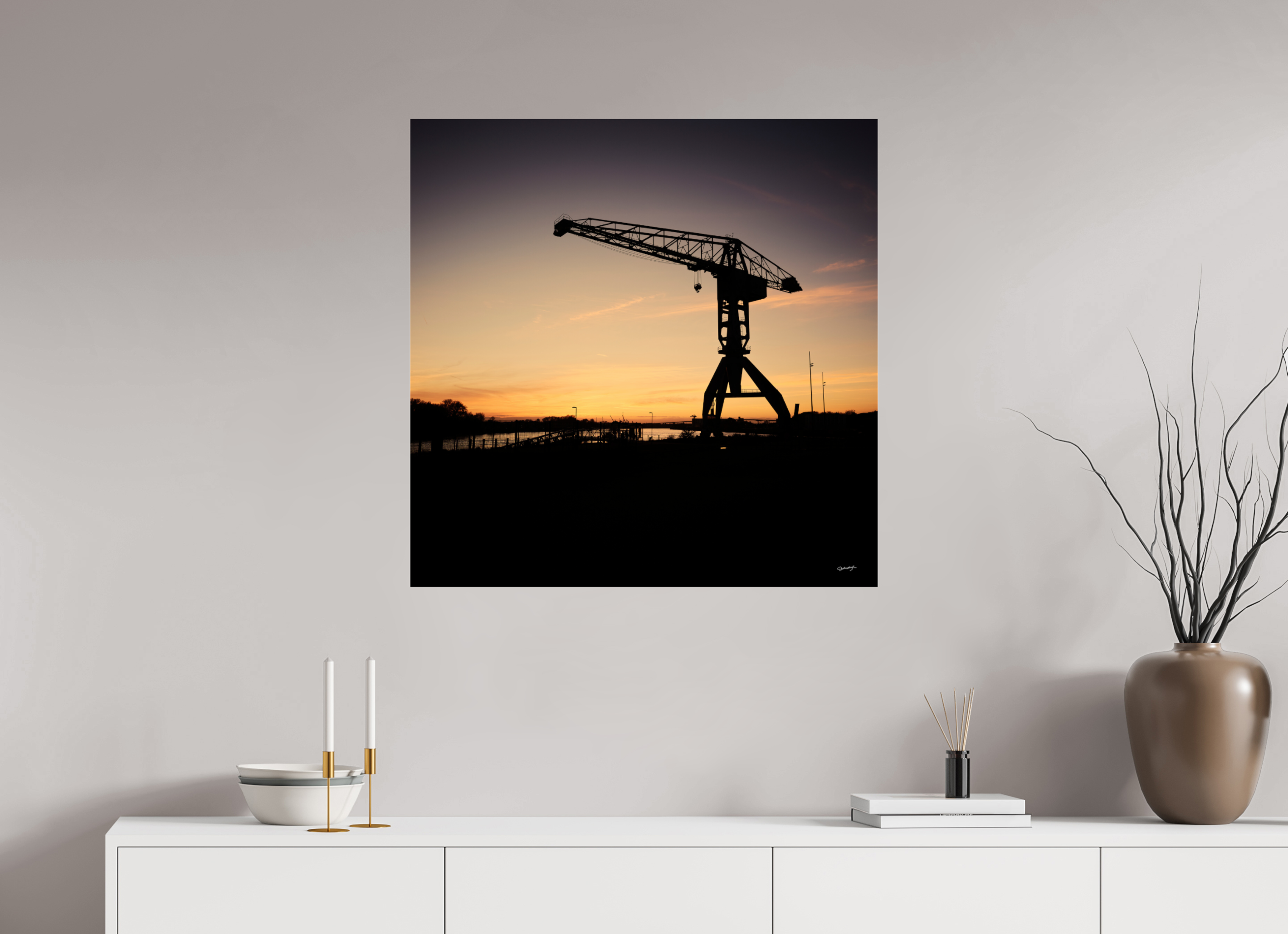 80 x 80 cm, TIRAGE PHOTO SOUS PLEXI BRILLANT Coucher de grue