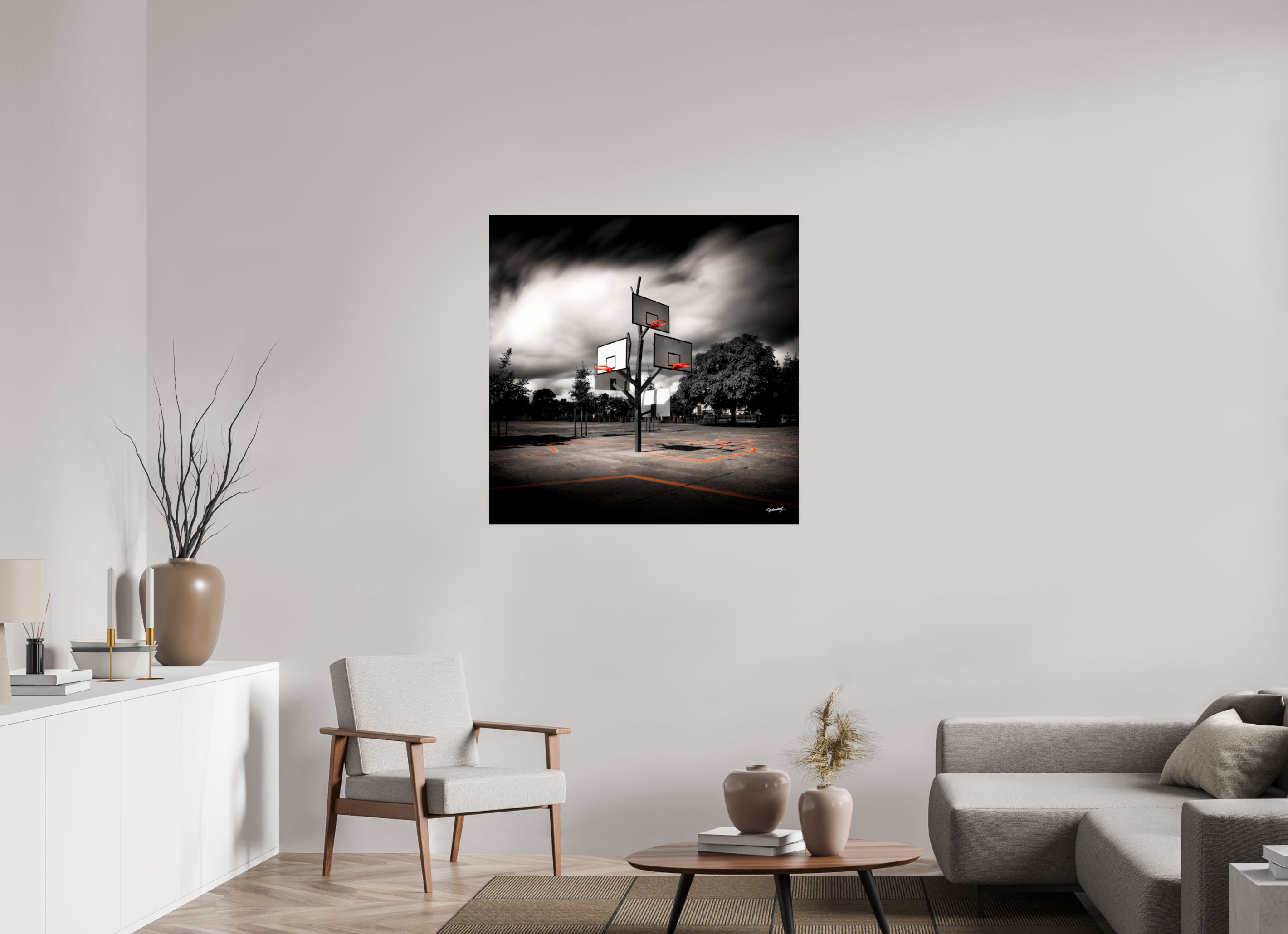 100 x 100 cm, TIRAGE PHOTO CONTRECOLLÉ SUR SUPPORT ALUMINIUM ARBRE À BASKET