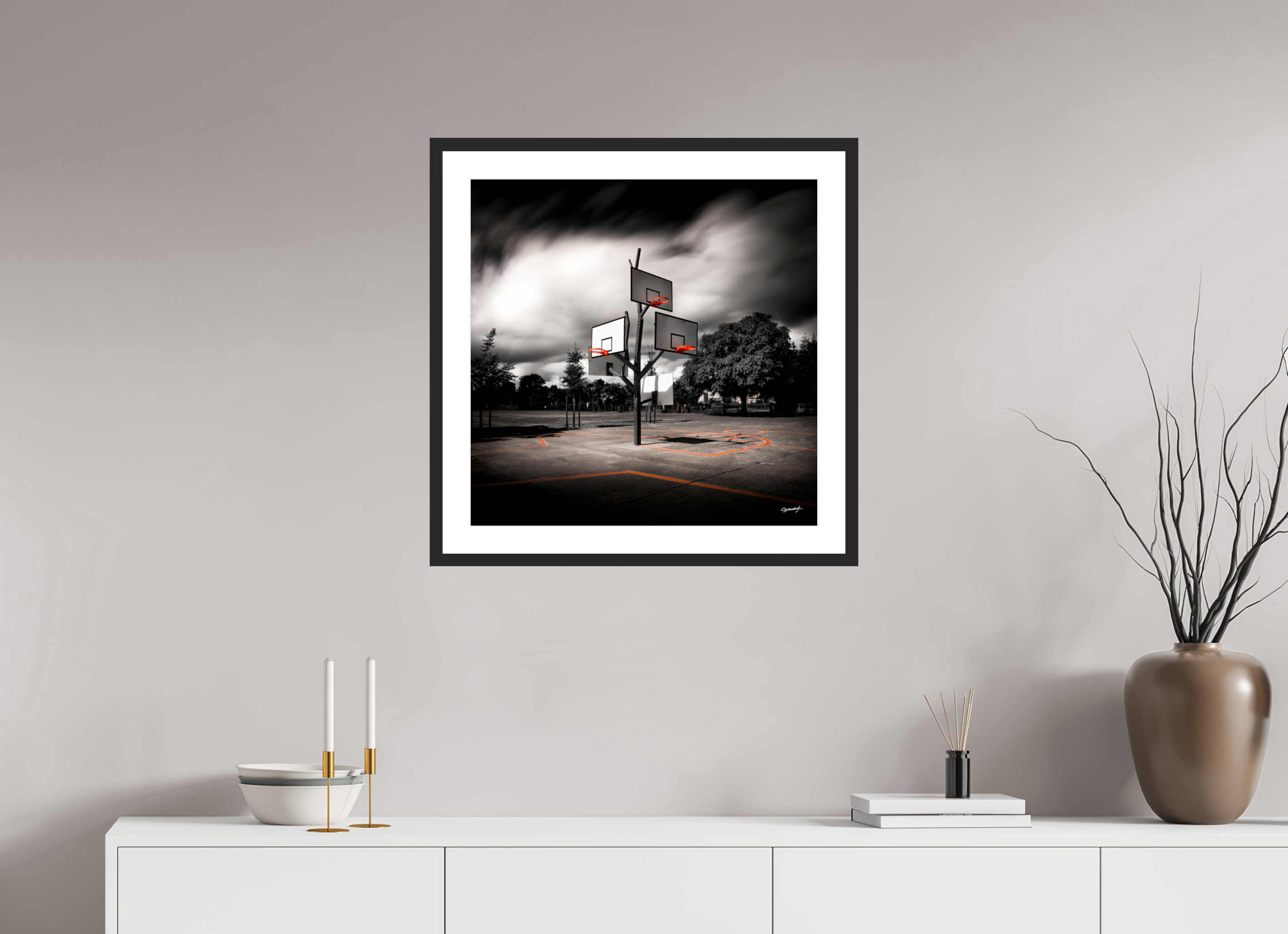 60 x 60 cm, CADRE GALERIE AVEC PASSE-PARTOUT ARBRE À BASKET