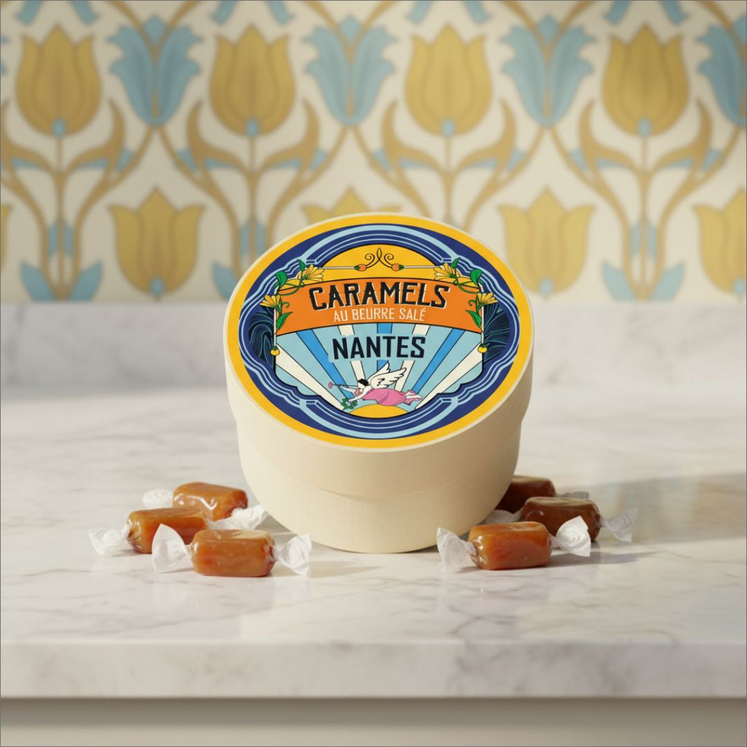 Boîte ronde Art nouveau Tour LU, caramels au beurre salé