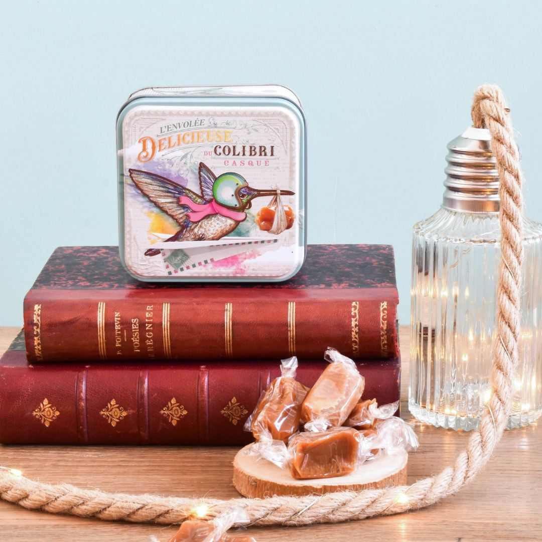 Boîte mini carrée colibri Voyages Gourmands caramels au beurre salé