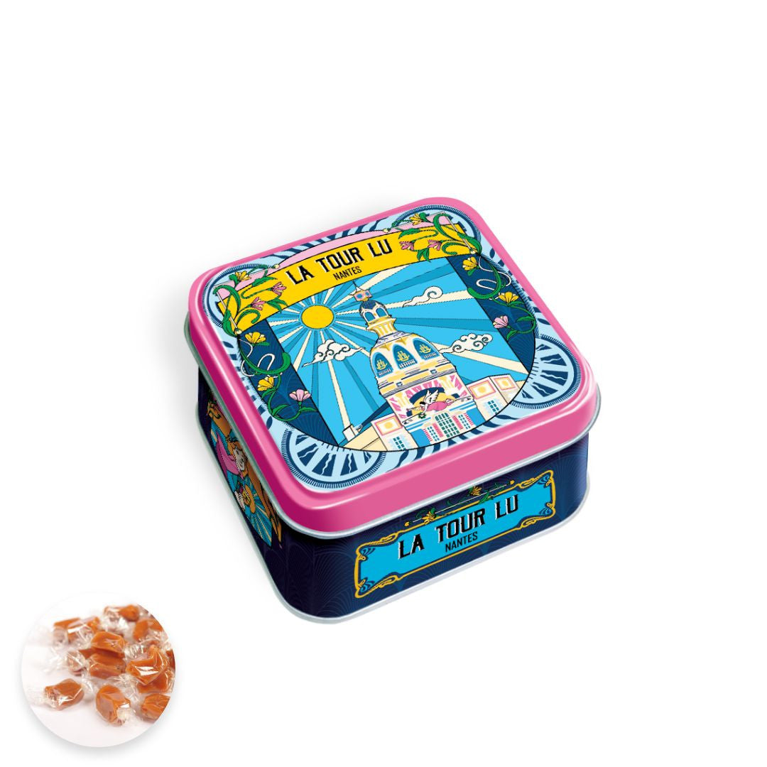 Boite mini carrée Nantes art nouveau Tour Lu caramel au beurre salé et à la fleur de sel de Guérande