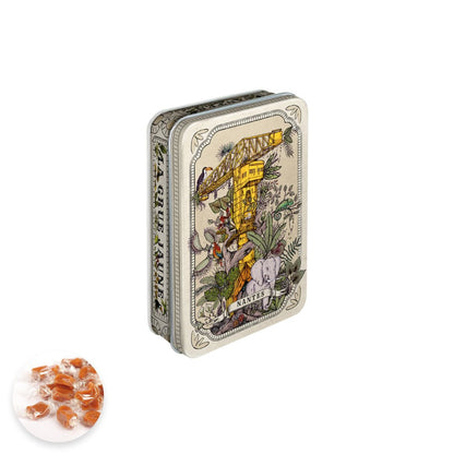 Boite pastille Grue Titan Jaune Geoffrey Berniolle caramel au beurre salé et à la fleur de sel de Guérande55g