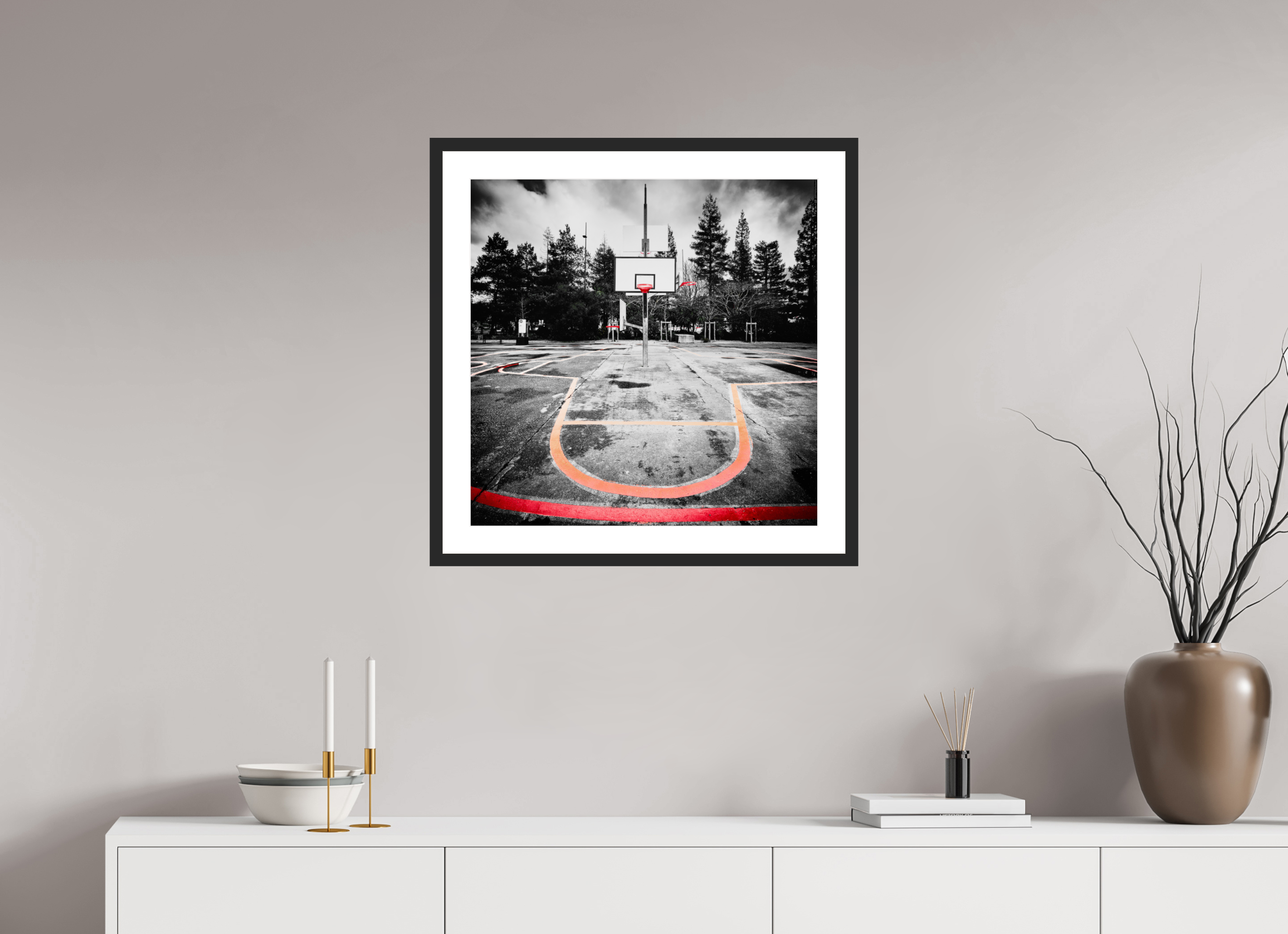 60 x 60 cm, CADRE GALERIE AVEC PASSE-PARTOUT Arbre à basket II