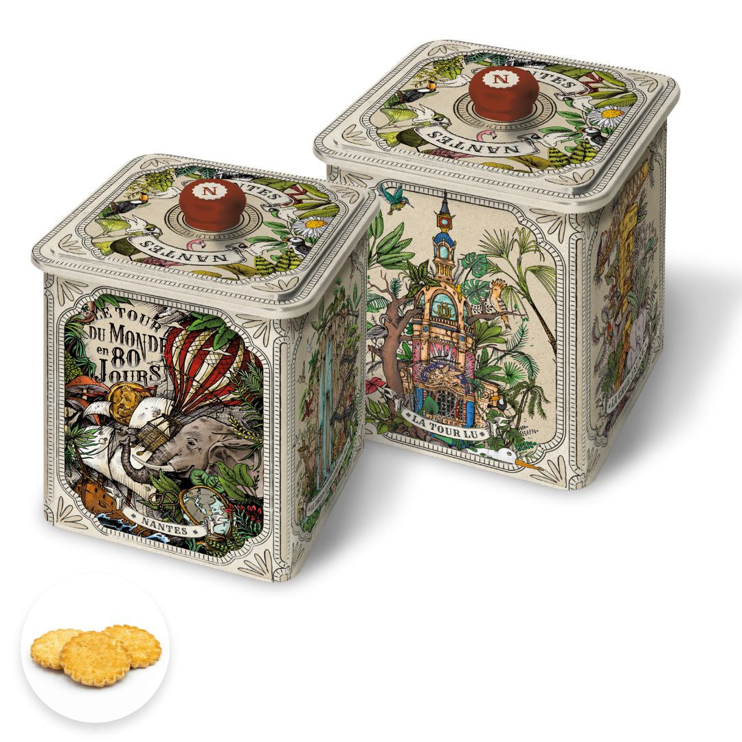 Boîte collector La Grue Jaune illustrée par Geoffrey Berniolle contenant des sablés pur beurre, vue des deux faces.