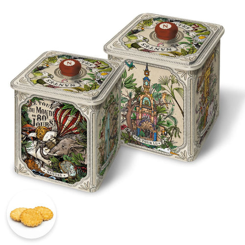 Boîte collector La Grue Jaune illustrée par Geoffrey Berniolle contenant des sablés pur beurre, vue des deux faces.