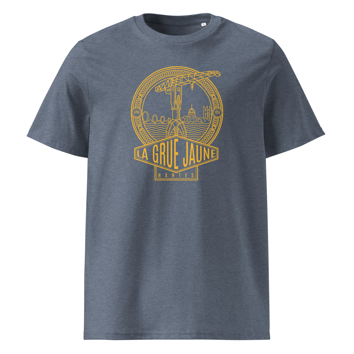 T-shirt Le Titan bleu chiné, grue jaune de Nantes