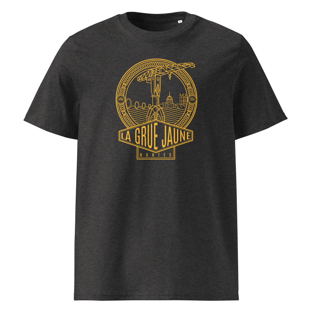 T-shirt Le Titan gris foncé chiné, grue jaune de Nantes
