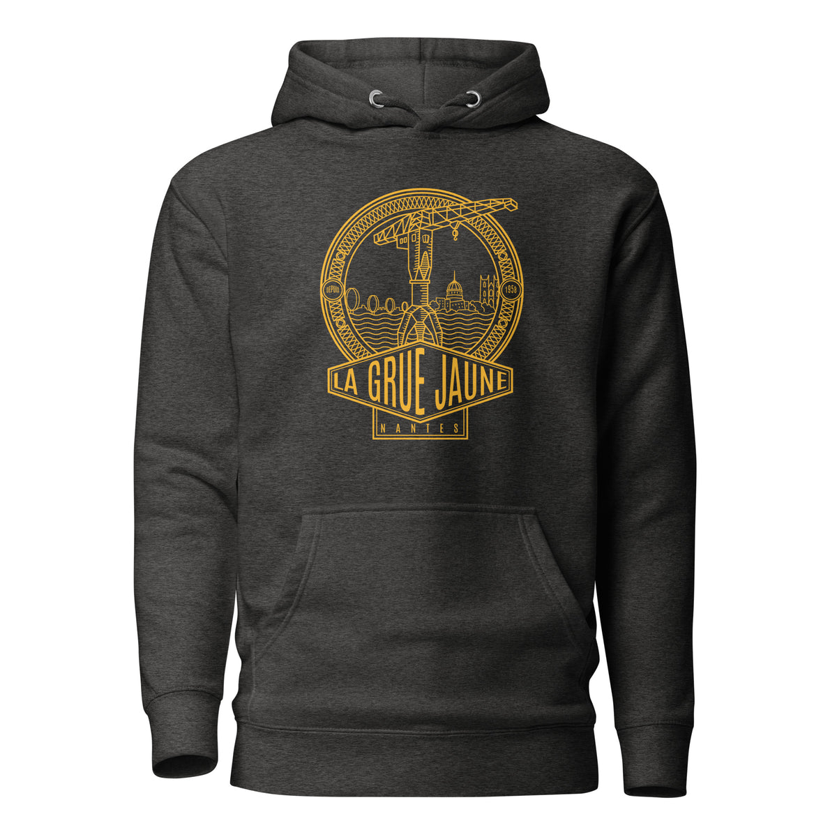 Sweat à capuche Le Titan gris foncé chiné, grue jaune de Nantes
