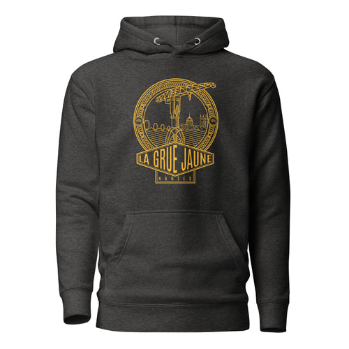 Sweat à capuche Le Titan gris foncé chiné, grue jaune de Nantes