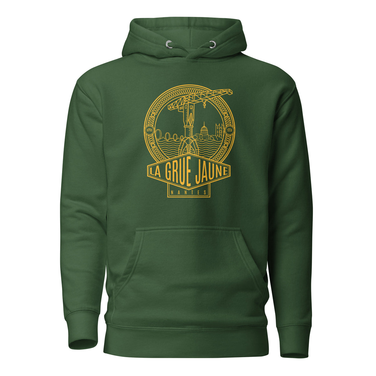 Sweat à capuche Le Titan vert bouteille, grue jaune de Nantes